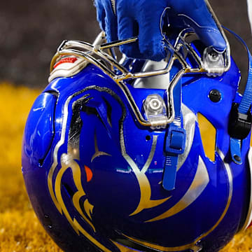 Nov 23, 2024; Laramie, Wyoming, USA; A general view of the Boise State Broncos helmet before game against the Wyoming Cowboys at Jonah Field at War Memorial Stadium. Mandatory Credit: Troy Babbitt-Imagn Images

