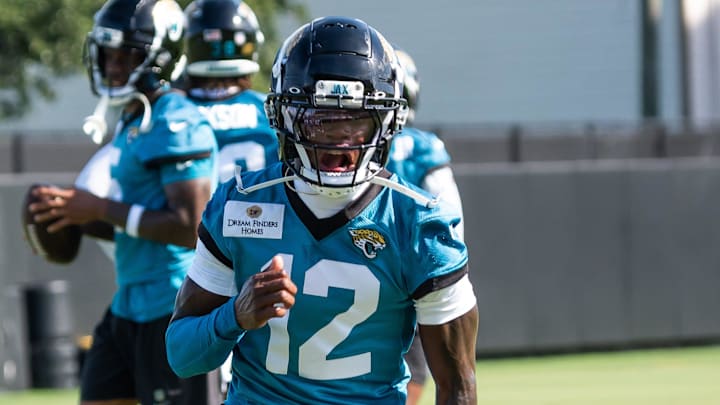 Jacksonville Jaguars wide receiver Travis Hunter (12) runs a passing drill during the Jacksonville Jaguars’ third mandatory minicamp Thursday June 12, 2025 at the Miller Electric Center in Jacksonville, Fla. [Doug Engle/Florida Times-Union]