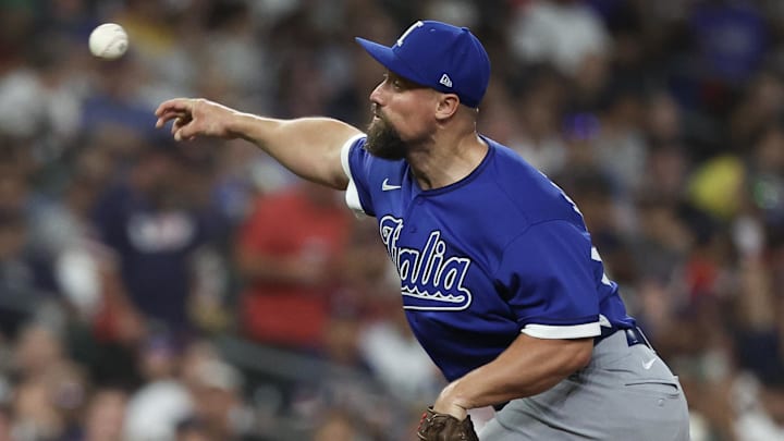 Mar 10, 2026; Houston, TX, United States;  Italy pitcher Dan Altavilla (53) pitches against the United States in the fifth inning at Daikin Park. Mandatory Credit: Thomas Shea-Imagn Images