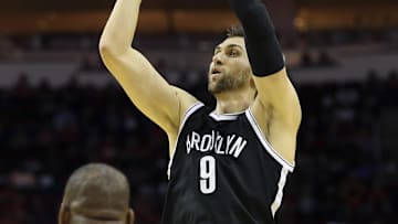 Nov 11, 2015; Houston, TX, USA; Brooklyn Nets center Andrea Bargnani (9) shoots the ball during the fourth quarter against the Houston Rockets at Toyota Center. The Nets defeated the Rockets 106-98. Mandatory Credit: Troy Taormina-Imagn Images