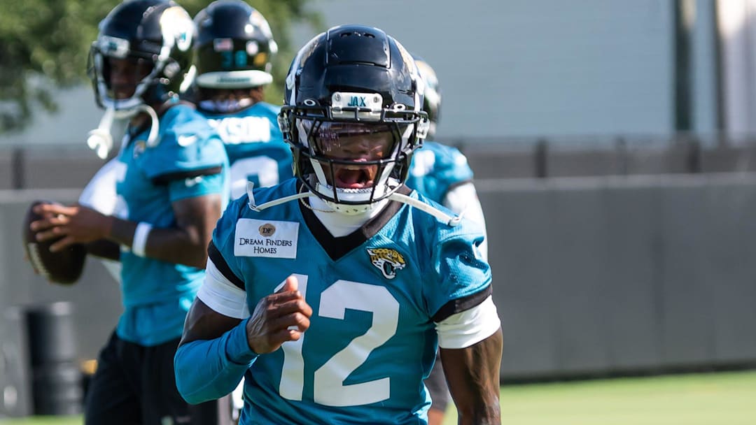 Jacksonville Jaguars wide receiver Travis Hunter (12) runs a passing drill during the Jacksonville Jaguars’ third mandatory minicamp Thursday June 12, 2025 at the Miller Electric Center in Jacksonville, Fla. [Doug Engle/Florida Times-Union]