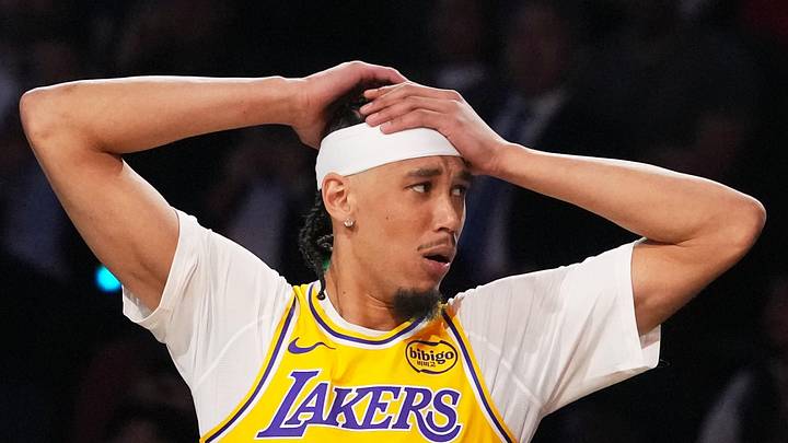 Feb 14, 2026; Los Angeles, CA, USA; Los Angeles Lakers center Jaxson Hayes (11) and Orlando Magic guard Jase Richardson (11) react during the slam dunk contest during the 2026 NBA All Star Saturday Night at Intuit Dome. Mandatory Credit: Kirby Lee-Imagn Images
