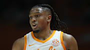Jan 4, 2025; Knoxville, Tennessee, USA; Tennessee Volunteers guard Chaz Lanier (2) brings the ball up court against the Arkansas Razorbacks during the first half at Thompson-Boling Arena at Food City Center. Mandatory Credit: Randy Sartin-Imagn Images