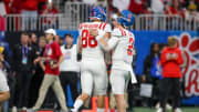 Dec 30, 2023; Atlanta, GA, USA; Mississippi Rebels tight end Caden Prieskorn (86) and quarterback Jaxson Dart (2) celebrate after a two-point conversion against the Penn State Nittany Lions in the second half at Mercedes-Benz Stadium. Mandatory Credit: Brett Davis-USA TODAY Sports
