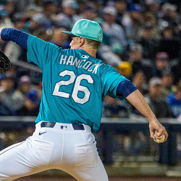 Seattle Mariners pitcher Emerson Hancock (26) on the mound during the first inning of a spring training game between the Los Angeles Dodgers and Seattle Mariners at Peoria Sports Complex on March 7.