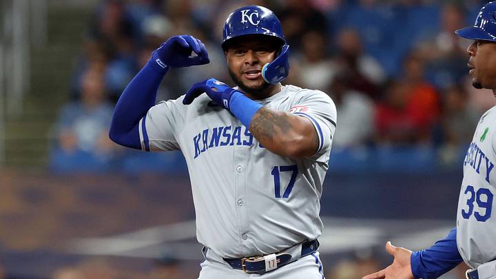 May 24, 2024; St. Petersburg, Florida, USA; Kansas City Royals outfielder Nelson Velazquez (17) reacts to the dugout after he singled against the Tampa Bay Rays during the third inning at Tropicana Field. Mandatory Credit: Kim Klement Neitzel-Imagn Images