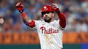 Philadelphia Phillies outfielder Kyle Schwarber (12) reacts after hitting a double against the Detroit Tigers during the sixth inning at Citizens Bank Park.