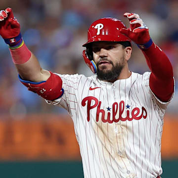 Philadelphia Phillies outfielder Kyle Schwarber (12) reacts after hitting a double against the Detroit Tigers during the sixth inning at Citizens Bank Park.