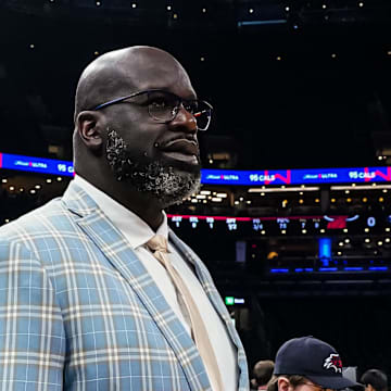 May 29, 2023; Boston, Massachusetts, USA; Former NBA star Shaquille O'Neal court side before game seven of the Eastern Conference Finals for the 2023 NBA playoffs between the Boston Celtics and Miami Heat at TD Garden. Mandatory Credit: David Butler II-Imagn Images