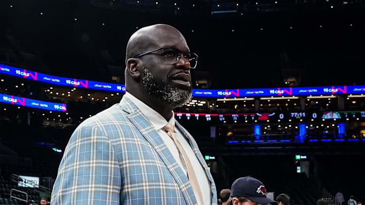 May 29, 2023; Boston, Massachusetts, USA; Former NBA star Shaquille O'Neal court side before game seven of the Eastern Conference Finals for the 2023 NBA playoffs between the Boston Celtics and Miami Heat at TD Garden. Mandatory Credit: David Butler II-Imagn Images