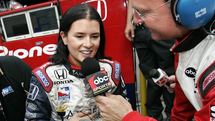 Indy car driver Danica Patrick is all smiles while being interviewed about her fourth place finish in the Indianapolis 500 Indy car driver Danica Patrick is all smiles while being interviewed about her fourth place finish in the Indianapolis 500