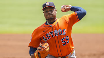 Houston Astros starting pitcher Framber Valdez (59) pitches