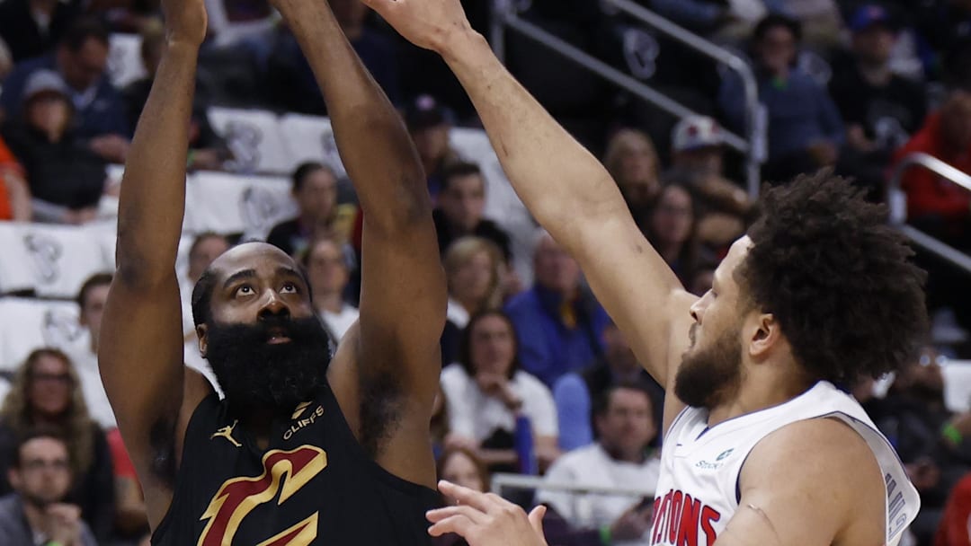 May 5, 2026; Detroit, Michigan, USA; Cleveland Cavaliers guard James Harden (1) shoots against Detroit Pistons guard Cade Cunningham (2) in the first half during game one of the second round of the 2026 NBA Playoffs at Little Caesars Arena. Mandatory Credit: Rick Osentoski-Imagn Images