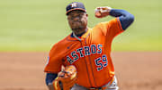 Sep 14, 2025; Cumberland, Georgia, USA; Houston Astros starting pitcher Framber Valdez (59) pitches against the Atlanta Braves during the first inning at Truist Park. Mandatory Credit: Dale Zanine-Imagn Images