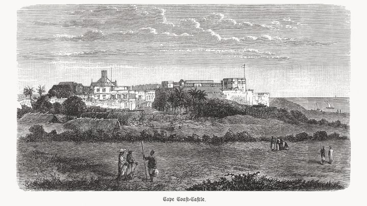 Historic view of Cape Coast Castle - one of around 35 historic forts on the Gold Coast (now Ghana). 