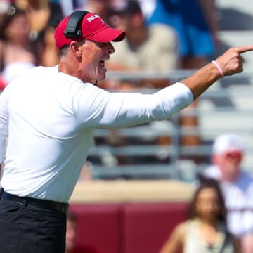 Sep 14, 2024; Norman, Oklahoma, USA;  Oklahoma Sooners head coach Brent Venables reacts during the first half against the Tulane Green Wave at Gaylord Family-Oklahoma Memorial Stadium. 