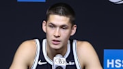 Sep 23, 2025; Brooklyn, NY, USA;  Brooklyn Nets guard Egor Demin (8) speaks at Media Day. Mandatory Credit: Wendell Cruz-Imagn Images
