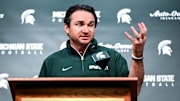 Michigan State coach Jonathan Smith talks the media on the first national signing day for college football recruits Wednesday, Dec. 4, 2024, at Spartan Stadium in East Lansing.