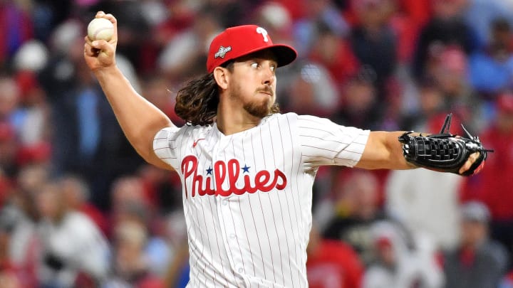 Oct 23, 2023; Philadelphia, Pennsylvania, USA; Philadelphia Phillies starting pitcher Michael Lorenzen (22) pitches during the fifth inning against the Arizona Diamondbacks in game six of the NLCS for the 2023 MLB playoffs at Citizens Bank Park. 