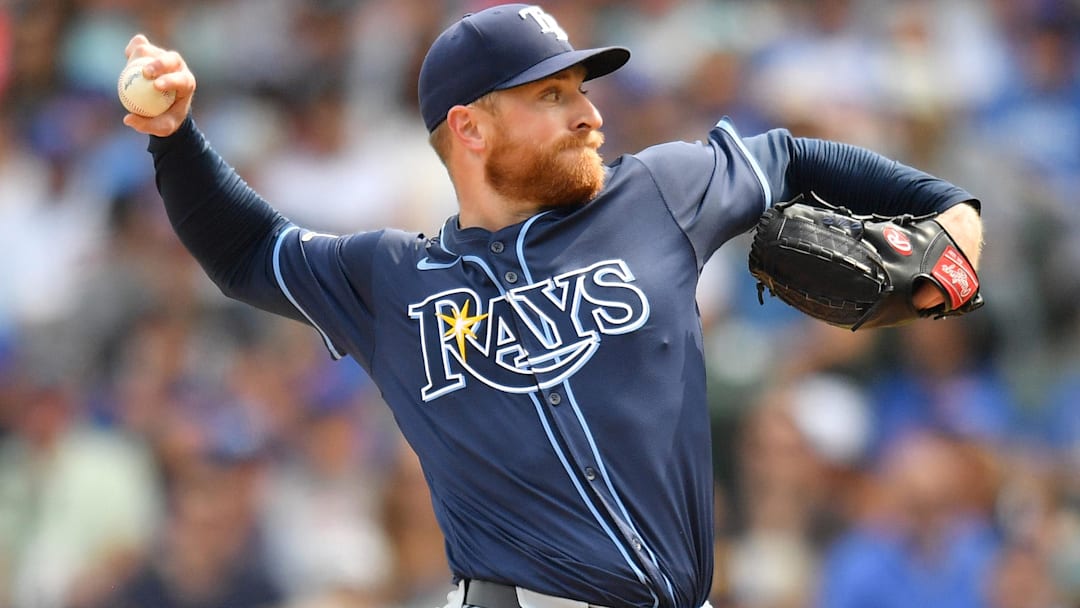 Sep 13, 2025; Chicago, Illinois, USA; Tampa Bay Rays starting pitcher Drew Rasmussen (57) pitches against the Chicago Cubs during the first inning at Wrigley Field. Sep 13, 2025; Chicago, Illinois, USA; Tampa Bay Rays starting pitcher Drew Rasmussen (57) pitches against the Chicago Cubs during the first inning at Wrigley Field.