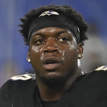 Sep 29, 2024; Baltimore, Maryland, USA;  Baltimore Ravens linebacker Adisa Isaac (50)  after the game against the Buffalo Bills at M&T Bank Stadium. Mandatory Credit: Tommy Gilligan-Imagn Images