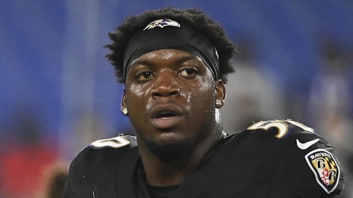 Sep 29, 2024; Baltimore, Maryland, USA;  Baltimore Ravens linebacker Adisa Isaac (50)  after the game against the Buffalo Bills at M&T Bank Stadium. Mandatory Credit: Tommy Gilligan-Imagn Images