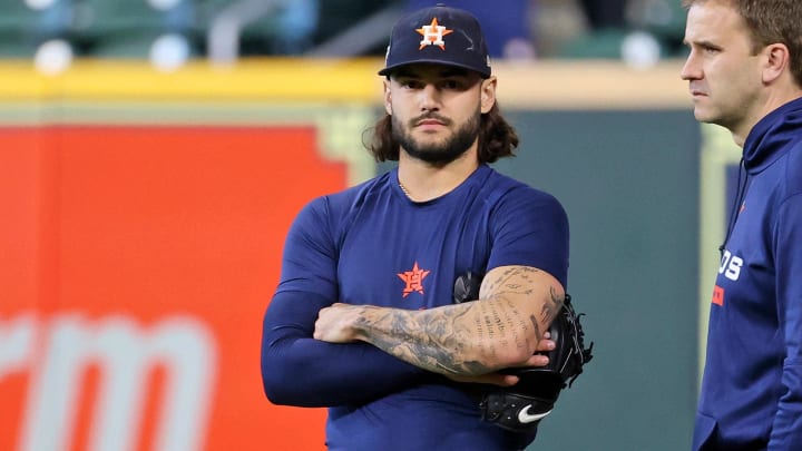 Oct 19, 2022; Houston, Texas, USA; Houston Astros starting pitcher Lance McCullers Jr. (43) looks on during warmups before game one of the ALCS for the 2022 MLB Playoffs against the New York Yankees at Minute Maid Park