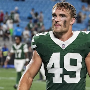 Aug 17, 2024; Charlotte, North Carolina, USA; New York Jets linebacker Jackson Sirmon (49) after the second half against the Carolina Panthers at Bank of America Stadium.