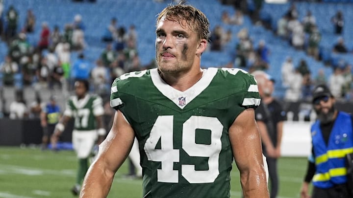 Aug 17, 2024; Charlotte, North Carolina, USA; New York Jets linebacker Jackson Sirmon (49) after the second half against the Carolina Panthers at Bank of America Stadium.