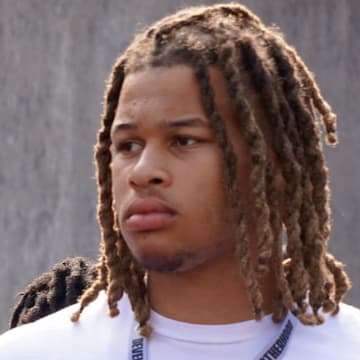 Sept. 21, 2024; Columbus, Ohio, USA; DeSmet (Missouri) defensive lineman Titan Davis watches warm-ups before Ohio State's game against the Marshall University Thundering Herd at Ohio Stadium.