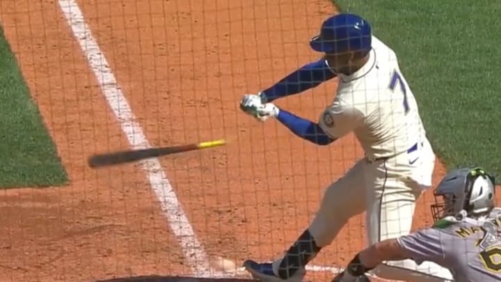 Jorge Polanco’s bat broke without making contact with a baseball. Jorge Polanco’s bat broke without making contact with a baseball.