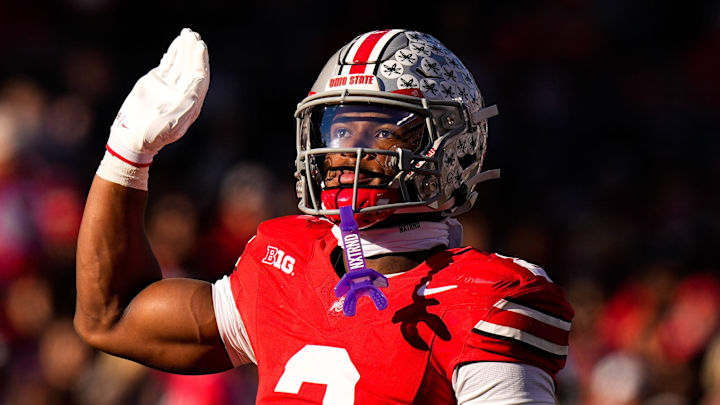 Ohio State Buckeyes defensive back Caleb Downs (2) celebrates after sacking Rutgers Scarlet Knights quarterback Athan Kaliakmanis (16) in the second half of the NCAA football game at Ohio Stadium on Saturday, Nov. 22, 2025 in Columbus, Ohio.