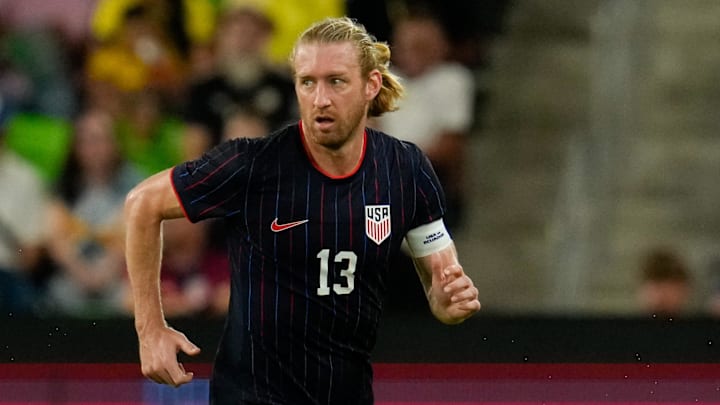 Oct 10, 2025; Austin, Texas, USA; United States defender Tim Ream (13) moves the ball during the second half at Q2 Stadium.