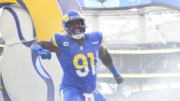 Los Angeles Rams Defensive End Kobie Turner enters the stadium during players pregame introduction vs the Seattle Seahawks.
