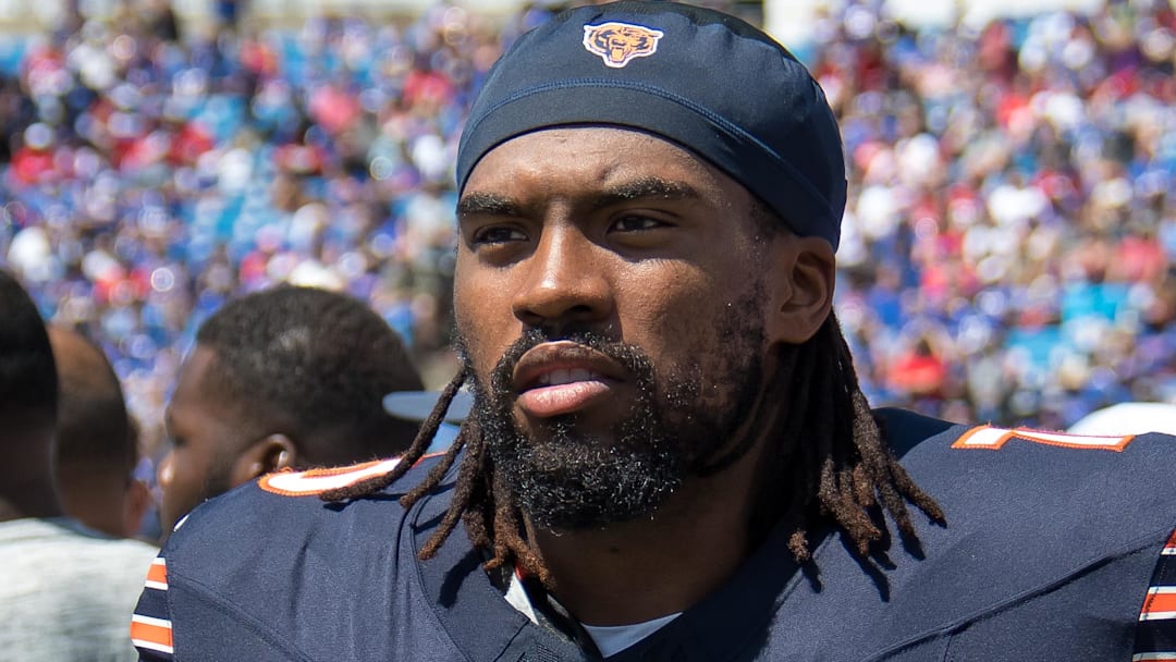  Chicago Bears offensive tackle Braxton Jones (70) on the sidelines during a pre-season game against the Buffalo Bills at Highmark Stadium.