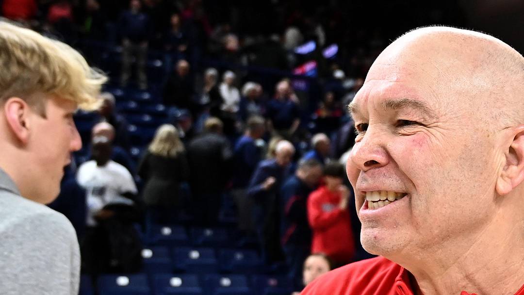 Feb 22, 2025; Spokane, Washington, USA; St. Mary's Gaels head coach Randy Bennett celebrates after a game against the Gonzaga Bulldogs at McCarthey Athletic Center. Mandatory Credit: James Snook-Imagn Images