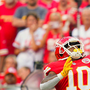 Sep 15, 2024; Kansas City, Missouri, USA; Kansas City Chiefs running back Isiah Pacheco (10) catches a pass during the first half against the Cincinnati Bengals at GEHA Field at Arrowhead Stadium. Mandatory Credit: Jay Biggerstaff-Imagn Images