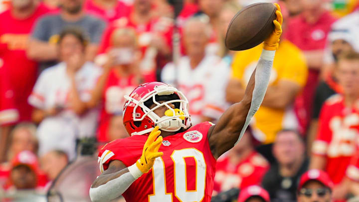 Sep 15, 2024; Kansas City, Missouri, USA; Kansas City Chiefs running back Isiah Pacheco (10) catches a pass during the first half against the Cincinnati Bengals at GEHA Field at Arrowhead Stadium. Mandatory Credit: Jay Biggerstaff-Imagn Images