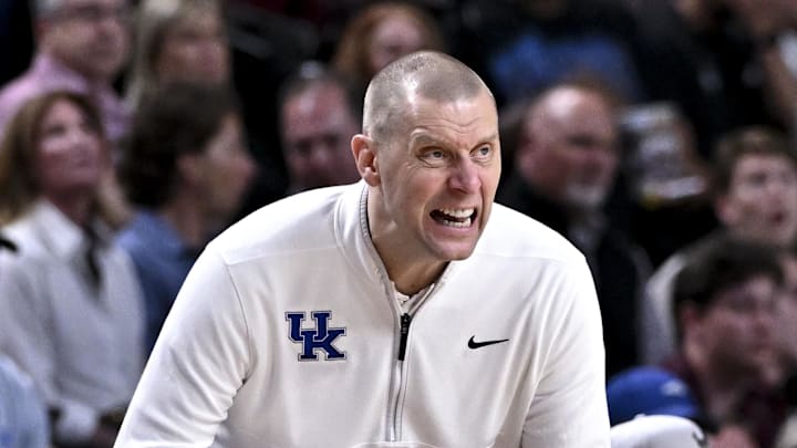 Mar 3, 2026; College Station, Texas, USA; Kentucky Wildcats head coach Mark Pope reacts during the second half against the Texas A&M Aggies at Reed Arena. Mandatory Credit: Maria Lysaker-Imagn Images 