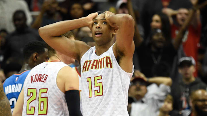Atlanta Hawks center Al Horford reacts after being called for a foul on Oklahoma City Thunder forward Serge Ibaka. The Hawks defeated the Thunder 106-100