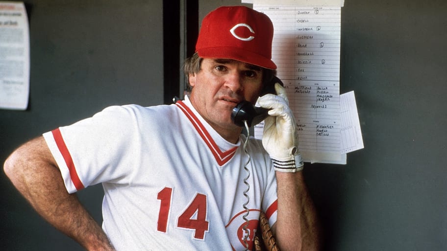 Pete Rose of the Cincinnati Reds on the dugout phone