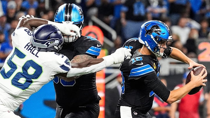 Sep 30, 2024; Detroit, MI, USA; Detroit Lions quarterback Jared Goff (16) is sacked by Seattle Seahawks linebacker Derick Hall (58) during the first half at Ford Field in Detroit on Monday, Sept. 30, 2024. Sep 30, 2024; Detroit, MI, USA; Detroit Lions quarterback Jared Goff (16) is sacked by Seattle Seahawks linebacker Derick Hall (58) during the first half at Ford Field in Detroit on Monday, Sept. 30, 2024.