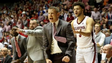 Alabama Head Coach Nate Oats, assistant coach Bryan Hodgson and the bench erupt after an apparent foul was not called. Alabama defeated Auburn 83-64 in Coleman Coliseum Wednesday, Jan. 15, 2020. [Staff Photo/Gary Cosby Jr.]

Alabama Vs Auburn Men S Basketball