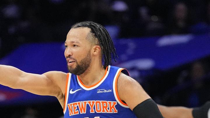 May 10, 2026; Philadelphia, Pennsylvania, USA; New York Knicks guard Jalen Brunson (11) reacts against the Philadelphia 76ers in the third quarter during game four of the second round of the 2026 NBA Playoffs at Xfinity Mobile Arena. Mandatory Credit: Kyle Ross-Imagn Images