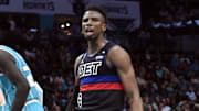 Feb 27, 2023; Charlotte, North Carolina, USA; Detroit Pistons guard Hamidou Diallo (6) reacts after scoring during the second half against the Charlotte Hornets at the Spectrum Center. Mandatory Credit: Sam Sharpe-Imagn Images