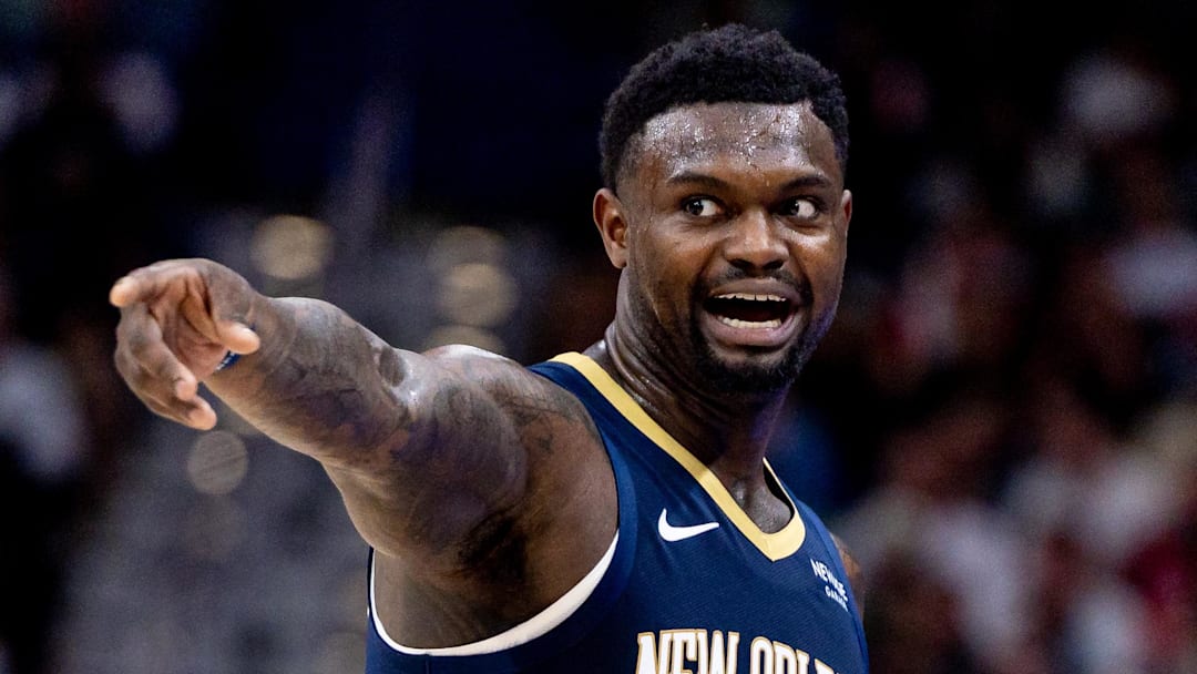 Oct 24, 2025; New Orleans, Louisiana, USA;  New Orleans Pelicans forward Zion Williamson (1) reacts to a play against the San Antonio Spurs during the second half at Smoothie King Center. Mandatory Credit: Stephen Lew-Imagn Images