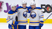 Sep 26, 2024; Ottawa, Ontario, CAN; Buffalo Sabres center Noah Ostlund (36) celebrates with the team his goal scored in overtime.