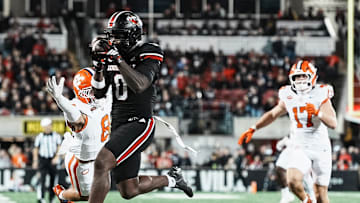 Louisville Cardinals wide receiver Chris Bell (0) got close to the end zone but officials ruled against his touchdown after a replay review as the Cards take on Clemson in the first half at L&N Stadium Friday, Nov. 14, 2025.