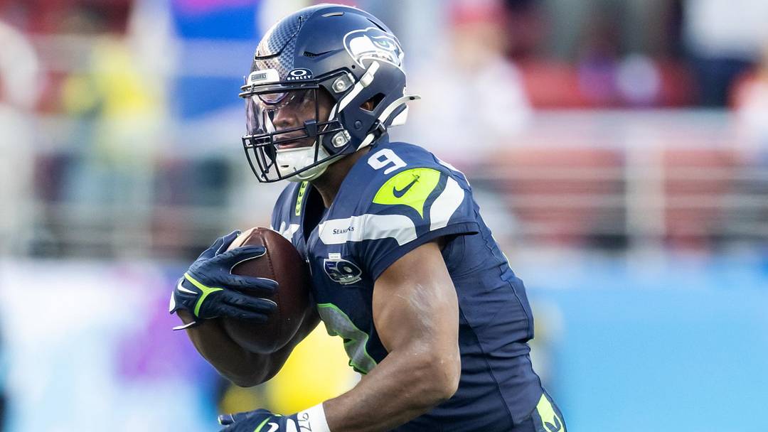 Feb 8, 2026; Santa Clara, CA, USA; Seattle Seahawks running back Kenneth Walker III (9) runs against the New England Patriots during the second quarter in Super Bowl LX at Levi's Stadium. Mandatory Credit: Mark J. Rebilas-Imagn Images