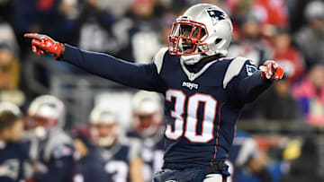 Dec 12, 2016; Foxborough, MA, USA;  New England Patriots free safety Duron Harmon (30) waits for the snap against the Baltimore Ravens during the second half at Gillette Stadium. Mandatory Credit: Bob DeChiara-Imagn Images
